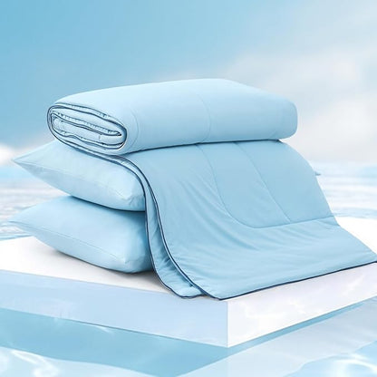 Monbix ChillChilla Cooling Comforter Queen Size-3 Pieces Cooling Blankets for Hot Sleepers and Night Sweats, Double-Sided Summer Queen Comforter Set, Breathable Lightweight Blanket Blue