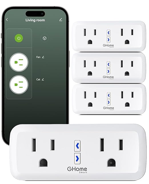 15A Dual Smart Plug 4 Pack, GHome Smart Plugs That Work with Alexa and Google Home, 2-in-1 Compact Smart Outlet Timer with APP Remote Control, 2.4GHz Wi-Fi Only, No Hub Required, FCC Listed