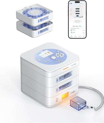 28-Day(1X) Automatic Pill Dispenser (Expandable Tray) – App & On-Device Setup by Family, LCD Display, Digital Lock, Sound & Light Alerts- Safe Medication Organizer for Dementia Seniors(2-Tray, White)