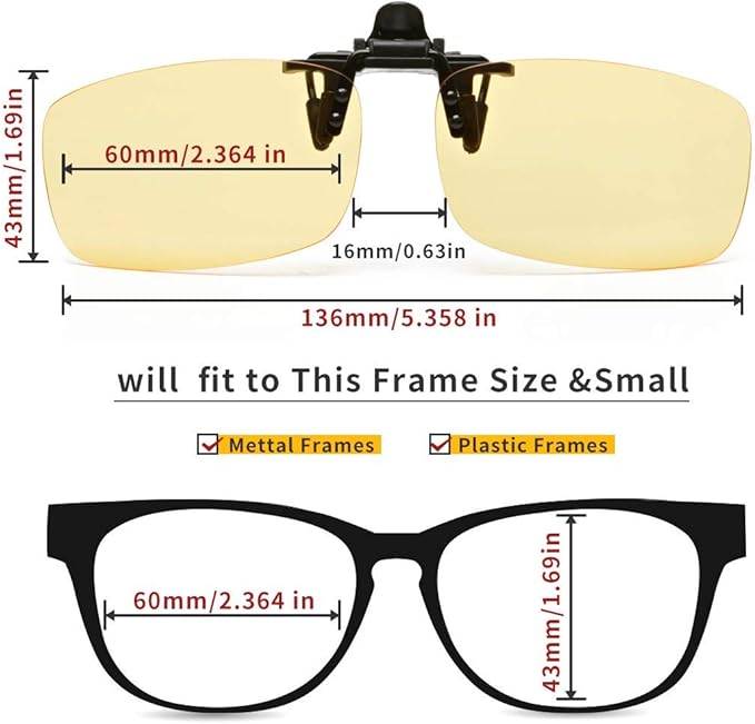 Clip on Blue Light Blocking Glasses for Day & Night Use - Anti Glare, Thin & Lightweight, Compatible with Regular Frames