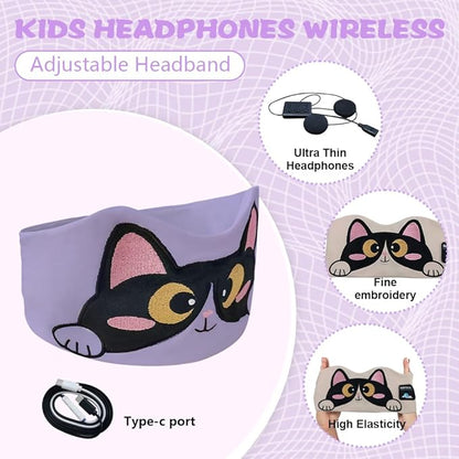 Kids Headband Headphones,Toddler Bluetooth Sleep Mask,Adjustable Wireless Headphones with Wired Playback Type C Jack Suitable for Study, Travel and Sleep(Purple)