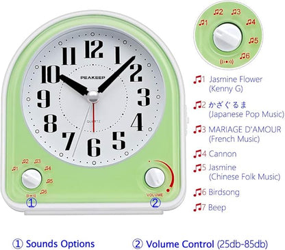 Peakeep Analog Alarm Clock Non-Ticking Silent, Optional 7 Wake-up Sounds with Volume Control, Nightlight and Snooze, AA Battery Operated (Green)