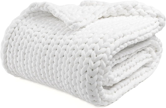 YnM Velvet Weighted Blanket, Handmade Chunky Knitted Design, Soft and Cozy, Temperature Regulating and Breathable, Machine Washable Throw for Sleep or Home Decor (White, 60x80 Inch, 20lbs)