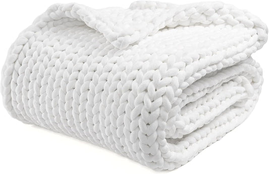 YnM Velvet Weighted Blanket, Handmade Chunky Knitted Design, Soft and Cozy, Temperature Regulating and Breathable, Machine Washable Throw for Sleep or Home Decor (White, 80x87 Inch, 25lbs)