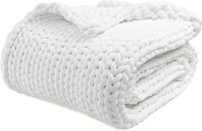 YnM Velvet Weighted Blanket, Handmade Chunky Knitted Design, Soft and Cozy, Temperature Regulating and Breathable, Machine Washable Throw for Sleep or Home Decor (White, 50x60 Inch, 10lbs)