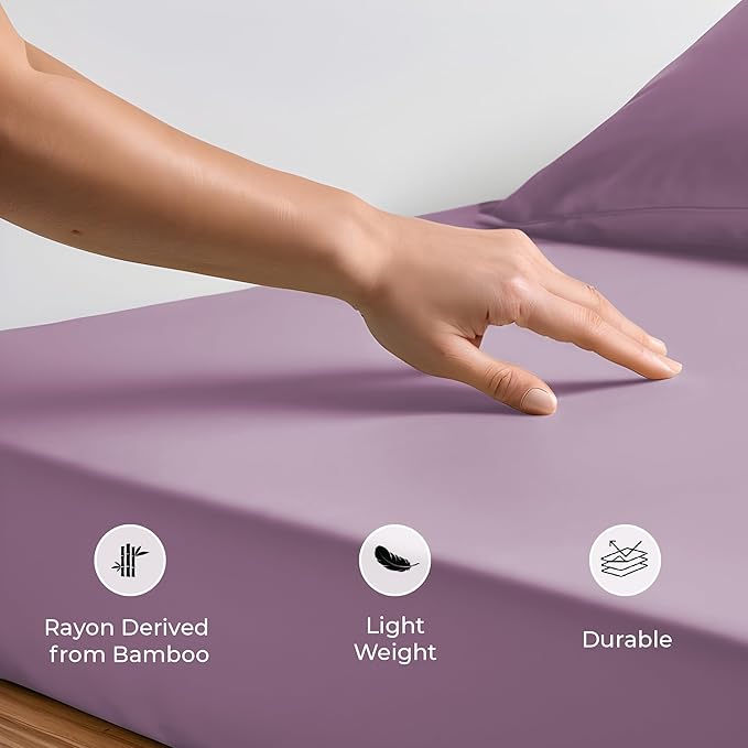 LINENWALAS Fitted Sheet Only Viscose Derived from Bamboo, Bottom Sheet for California King Size Bed – 16” Deep Pocket, Snug Fit – Cooling, Breathable, Soft, Hypoallergenic (Lilac, Cal King)