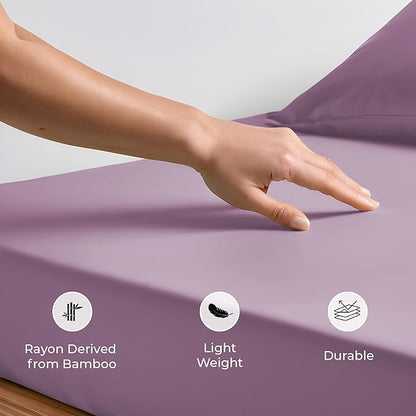 LINENWALAS Fitted Sheet Only Viscose Derived from Bamboo, Bottom Sheet for California King Size Bed – 16” Deep Pocket, Snug Fit – Cooling, Breathable, Soft, Hypoallergenic (Lilac, Cal King)