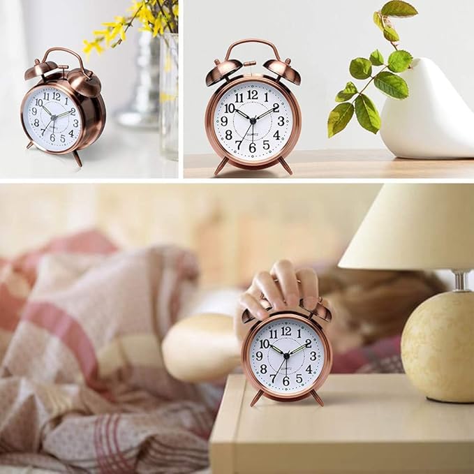 Loud Alarm Clock for Heavy Sleepers Adults, Metal 4 Inches Twin Bell Battery Operated Alarm Clocks for Bedrooms Decoration, Silent Non-Ticking, Back-to-School Gift (Red Brown)