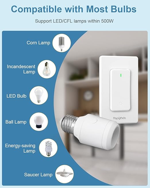 Remote Control Socket for 500W E26/E27 Bulb Base Holder, Wireless Wall Mounted Switch for Pull Chain Light Fixtures, 300FT RF Range, No Wiring Wireless Light Switch