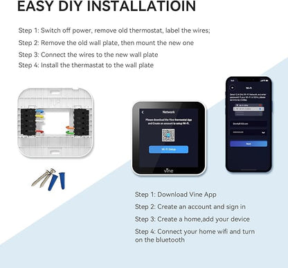 vine Smart Thermostat Larger Color Screen Thermostats for Home Heat and AC, 7 Day Programmable WiFi Thermostat App Control Compatible with Alexa and Google Assistant, C-Wire Required