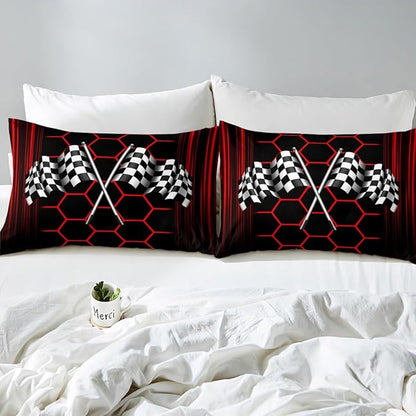 Extreme Sports Theme Fitted Sheet Queen Size,Checkered Flag Soft Bed Cover(1 Fitted Sheet+1 Pillow Case),Red Honeycomb Geometric Breathable Mattress Cover No Flat Sheet