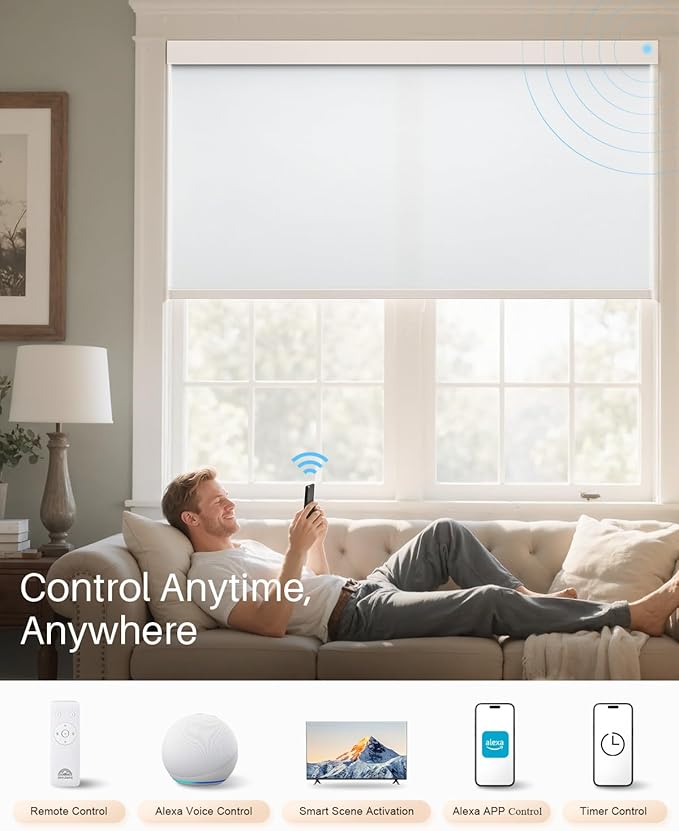 Smart Roller Shades for Windows, Alexa Blackout Motorized Blinds with Remote Control, Easy Install Automatic Electric Blinds for Indoor (46" W x 72" H, White)
