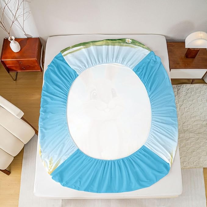 Easter Fitted Sheet Twin Size Easter Egg Funny Rabbit Bedding Set for Kids Bedroom Kawaii Animal Spring Flowers Bed Sheet Set 2pcs Blue Colorful Deep Pocket Mattress Cover,No Top Flat