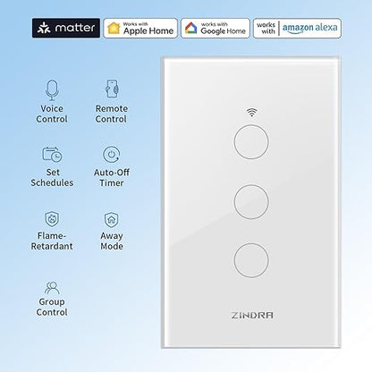Smart Touch Wall Light Switch with Matter, Tempered-Glass Panel, Neutral Wire Required, Single-Pole, 2.4GHz Wi-Fi, App/Voice Control with Alexa/Google/Apple Home, Timers & Schedules White – 3 Gang