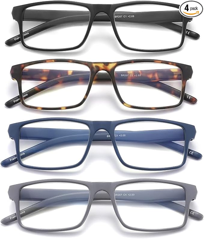 4 Pack Reading Glasses Blue Light Blocking for Men Women,Rectangular Frame Computer Readers with Spring Hinge,Reading Glasses for Men Women，Anti Eyestrain/UV Ray Eyeglasses (0.0x)