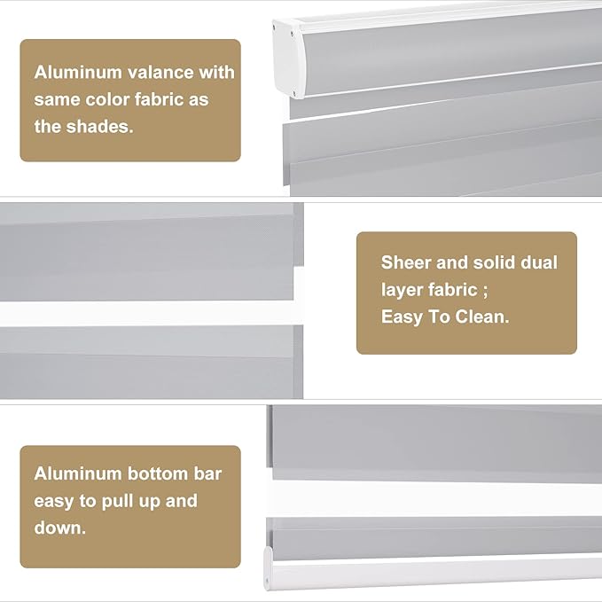 Changshade Custom Size Zebra Blinds Cordless for Indoor Windows Sliding Glass Doors, Light Filtering Zebra Roller Shades Dual Layer Fabric Day Night Blind for Living Room,Bedroom,Bathroom,Nursey,Grey