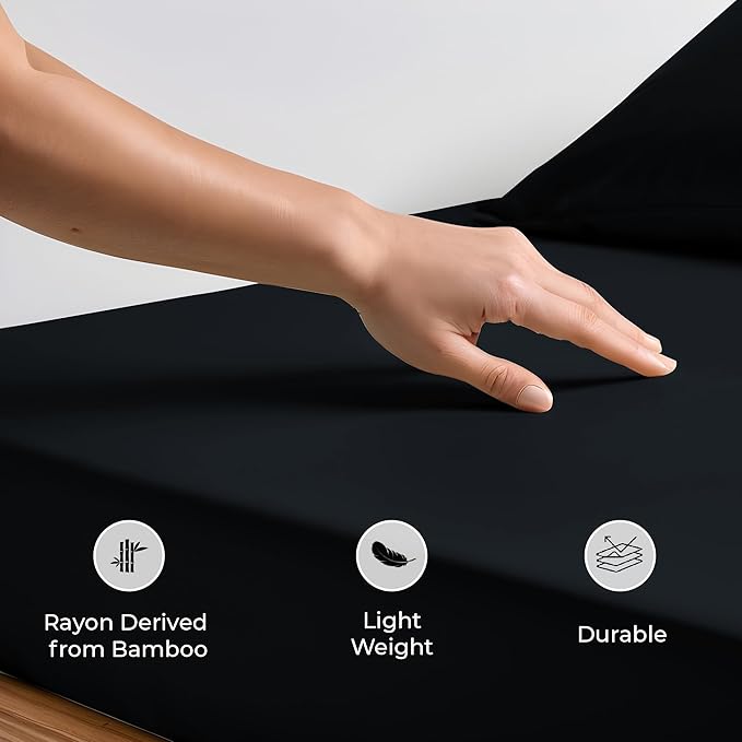 LINENWALAS Fitted Sheet Only Viscose Derived from Bamboo, Bottom Sheet for Twin XL Size Bed – 16” Deep Pocket, All Around Snug Fit – Cooling, Breathable, Soft, Black Halloween Bed Sheet (Jet Black)