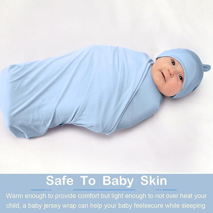 JaGely 2 Pcs Stretchy Baby Swaddle Blankets Set Extra Soft 47" x 47" Baby Newborn Swaddle Blanket and Hat(Light Gray, Light Blue)
