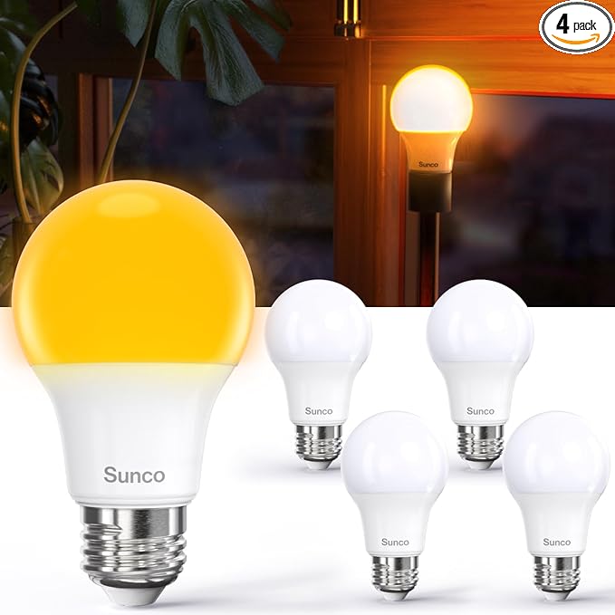 Sunco Amber Sleep Light Bulbs, Blue Light Blocking, A19 9W(60 Watt Equivalent) Dim Light Bulbs for Lamp, 1800K Warm Light Bulb, E26 for Healthy Sleep, Bedroom, Baby Nursery Light, 4 Pack
