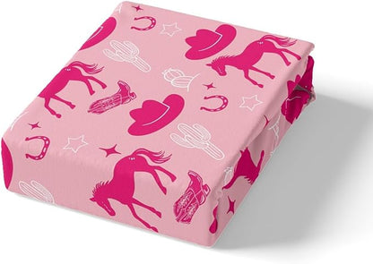 Western Cowgirl Fitted Sheet Queen Size,Retro Horseshoe Tribal Horse Boots Graffiti Bed Cover(1 Fitted Sheet+1 Pillow Case),Desert Cactus Rustic Famhouse Pink Mattress Cover