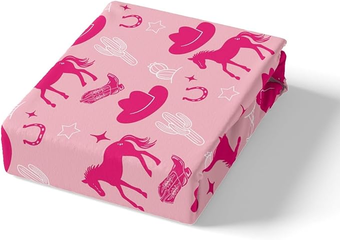 Western Cowgirl Fitted Sheet,Retro Horseshoe Tribal Horse Boots Graffiti Soft Decorative Fabric Bedding Desert Cactus Rustic Famhouse Pink Pocket Twin Size with 1 Pillowcase