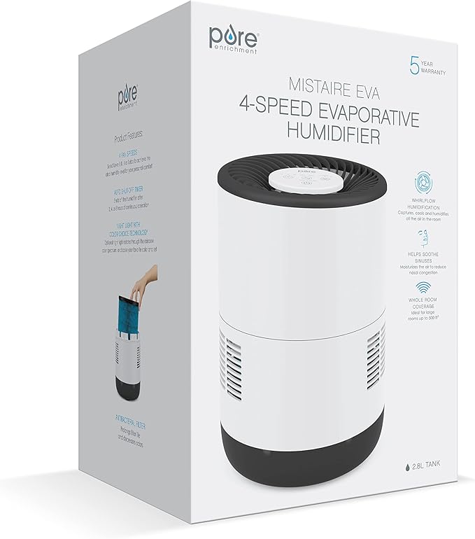 Pure Enrichment MistAire Eva - Mist-Free Evaporative Humidifier with Antibacterial Filter, 2.8-L Tank, 4 Speeds, Large Room Coverage up to 500 sq. ft., Night Light, Auto Shut-Off Timer, No White Dust