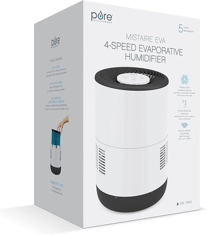Pure Enrichment MistAire Eva - Mist-Free Evaporative Humidifier with Antibacterial Filter, 2.8-L Tank, 4 Speeds, Large Room Coverage up to 500 sq. ft., Night Light, Auto Shut-Off Timer, No White Dust