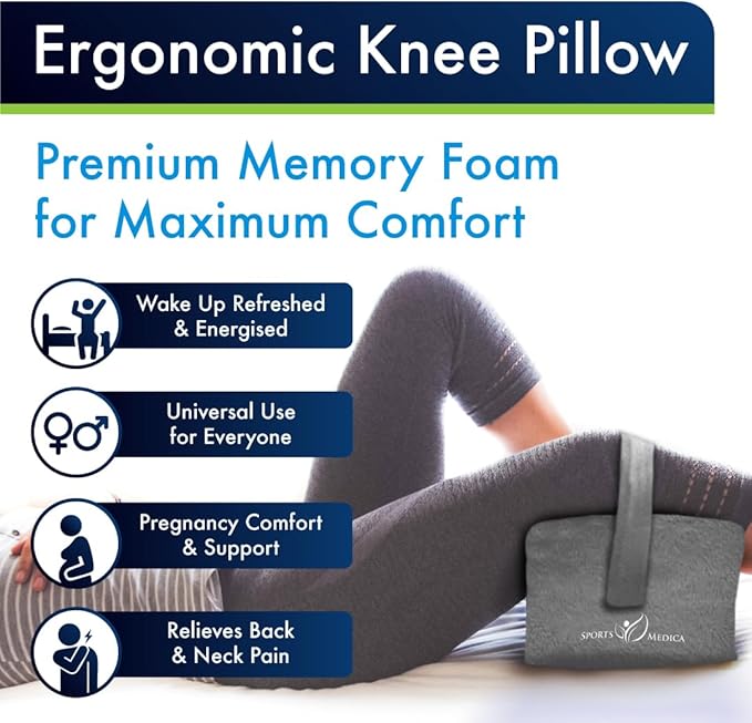Sports Medica Doctor Developed Knee Pillow for Side Sleepers - Washable Cover Memory Foam Leg Pillow for Side Sleeping, Lower Back & Sciatica Pain Relief - Spine Alignment - Between Knee Hip Cushion