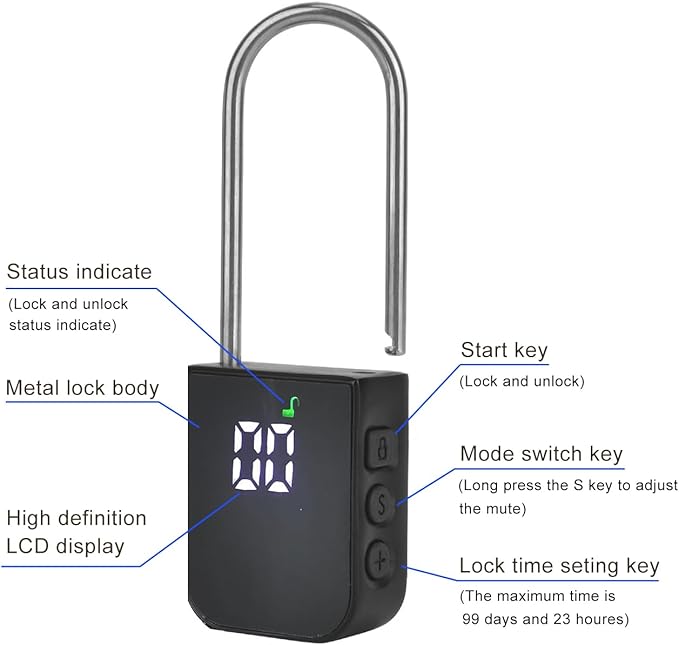 99 Days Timer Padlock,Max Timing Over 3 Month with LCD Display,USB Rechargeable Timed Padlock, Add 10inch Steel Cable (Black)