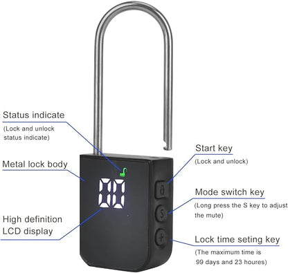 99 Days Timer Padlock,Max Timing Over 3 Month with LCD Display,USB Rechargeable Timed Padlock, Add 10inch Steel Cable (Black)