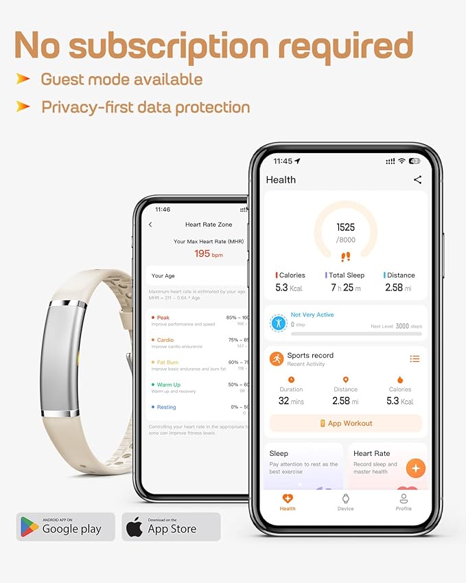 FITVII Ultra Slim Fitness Tracker Wristband, Health and Fitness Wearable with 24/7 Heart Rate, Blood Pressure and HRV Sleep Monitor, Subscription Free Activity Tracker for Android & iPhone