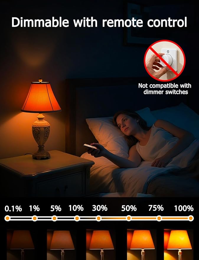 Sleep Light Bulbs Amber 1600K with Remote Control, E26 Blue Light Blocking A19, 9W for Sleep Therapy, Baby Nursery, Bedroom (6 Pack)