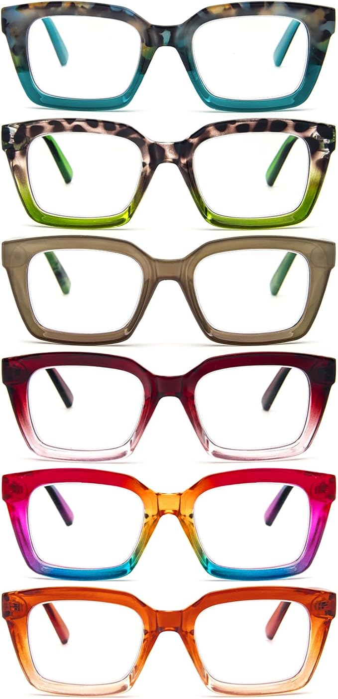 DXYXYO 6 Pack Oversized Square Reading Glasses for Women Blue Light Blocking Fashion Oprah Style Computer Readers, 1.25 Magnification S4