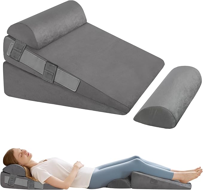 4Pcs Wedge Pillow Set for After Surgery,Acid Reflux Relief, Adjustable Bed Wedge Pillows for Sleeping,Anti Snore, Memory Foam Triangle Pillow for Back&Neck&Shoulder Pain Relief, Plush Grey