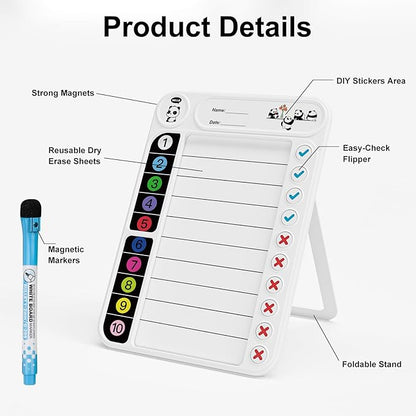Magnetic Chore Chart for Kids, ADHD Task Tracker Easy-Check Routine Dry Erase Board, to-Do List Planning Tool with Stand for Fridge/Desk/Home/School, 6 Reusable Sheets, 3 Markers