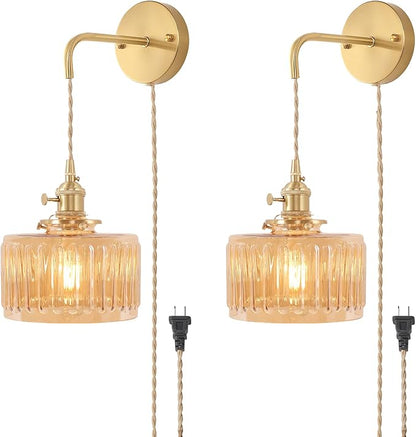Vintage Wall Sconce with Amber Striped Glass Shade Hanging Wall Sconce with 4.9FT Plug in Cord, Modern Wall Lamp Fixtures Decor for Bedside Bedroom Indoor Doorway, Set of 2