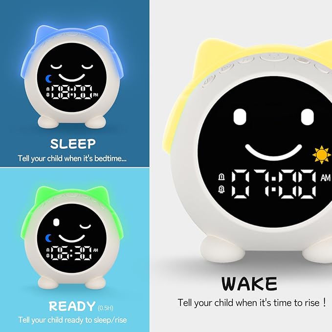 Kids Alarm Clock with Sleep Training, LED Night Light, Bluetooth Music, Multi-Color Display, Sound Machine, OK to Wake Light for Toddlers and Children