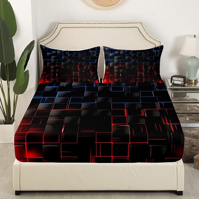 Manfei Blue and Red Sheet Set Queen Size, Abstract Geometric Bed Sheet Set 4pcs with Deep Pocket Fitted Sheet + Flat Sheet + 2 Pillowcases, Black Square Lattice Bedding Set for Kids Boys Girls Adults