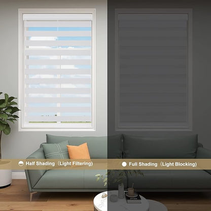 Changshade Blackout Zebra Blinds Cordless for Indoor Windows Sliding Glass Door, Custom Size Zebra Roller Shades Dual Layer Privacy Darkening for Living Room, Bedroom, Bathroom, Easy to Install, Grey