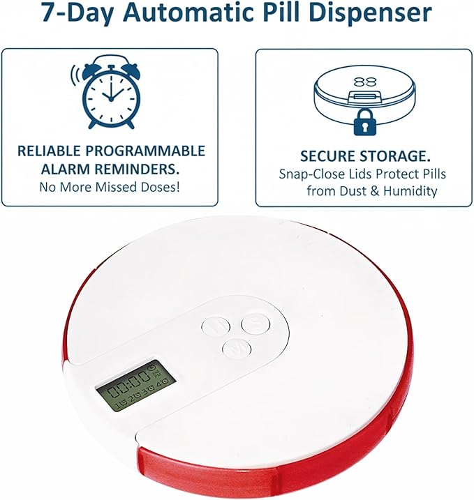 Automatic Pill Dispenser, 7 Day Pill Organizer with Large Digital Display & Alarm, Portable Travel Medicine Box for Vitamins & Medications Red, Ich Dekor