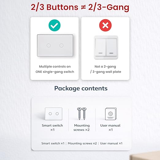 Smart Light Switch,2-Button,Aluminum Frame, Neutral Required,2.4GHz, Tuya Smart Life App,Voice Control,2.5D Curved-Edge Tempered Glass Panel,White