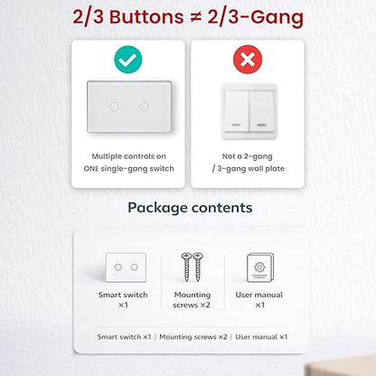 Smart Light Switch,2-Button,Aluminum Frame, Neutral Required,2.4GHz, Tuya Smart Life App,Voice Control,2.5D Curved-Edge Tempered Glass Panel,White