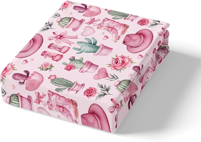 Western Cowgirl Bed Cover(1 Fitted Sheet+1 Pillow Case),Pink Bowknots Dreamy Roses Flowers Bedding Set for Room Decor,American Tribal Boots Hats Desert Cactus Bed Sheet Set,3Pcs Full Size