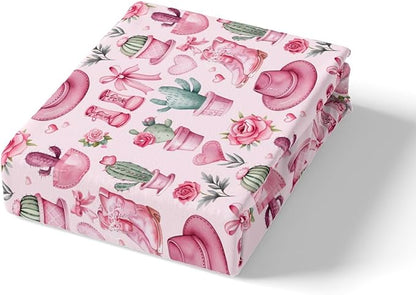 Western Cowgirl Bed Cover(1 Fitted Sheet+1 Pillow Case),Pink Bowknots Dreamy Roses Flowers Bedding Set for Room Decor,American Tribal Boots Hats Desert Cactus Bed Sheet Set,3Pcs Full Size