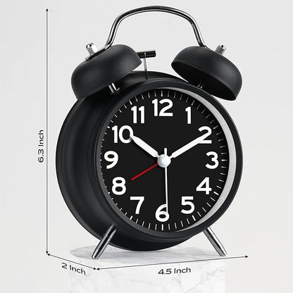 AKCISOT Loud Alarm Clock for Heavy Deep Sleepers, 4.5 Inches Analog Metal Twin Bell Clocks Battery Operated with Backlight for Bedroom Bseide, Old Fashioned for Desk Home Decoration (Black)