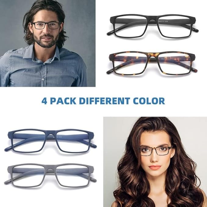 4 Pack Reading Glasses Blue Light Blocking for Men Women,Rectangular Frame Computer Readers with Spring Hinge,Reading Glasses for Men Women，Anti Eyestrain/UV Ray Eyeglasses (1.25x)