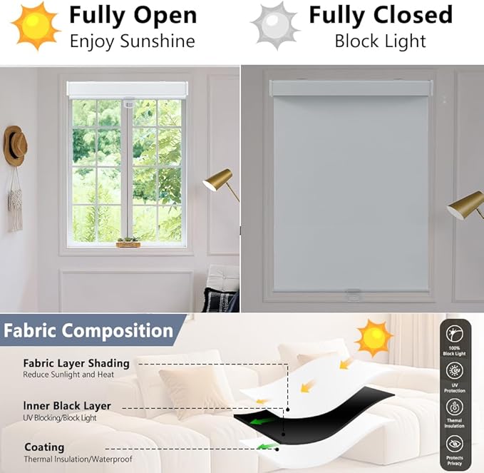 SHADEMOON Blackout Cordless Roller Shades for Windows,Free-Stop System Blind with Valance,Pull Down Room Darkening Indoor Shades,Thermal Insulated UV Blocking Fabric,Home Office(White,70" W x 72" H)