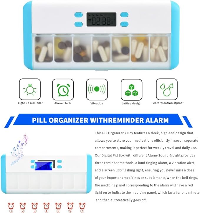 Automatic Medicine Dispenser - 7 Alarms (Beep, Vibration, Light), Large Compartments, Moisture-Proof, Portable Pill Organizer with Large Screen & Indicator Lights