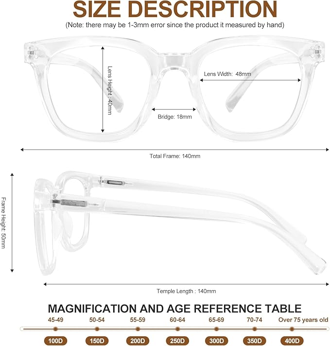 Reading Glasses for Men Women Blue Light Blocking with Spring Hinge, Blocking Readers Anti UV Ray Filter Eyeglasses, Square Computer Reader Glasses, Transparent, +1.5