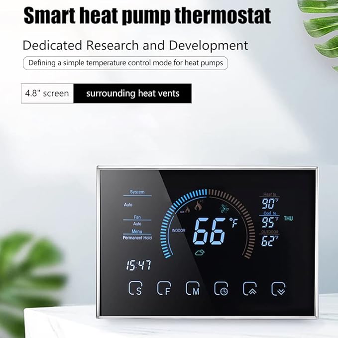 Smart Thermostats, Heat Pump Room Thermostat, 4.8 Inch Temperature Controller Color LCD Screen Programmable Thermostat for House, Fit for Alexa for Google for Home Office Hotel (Black)